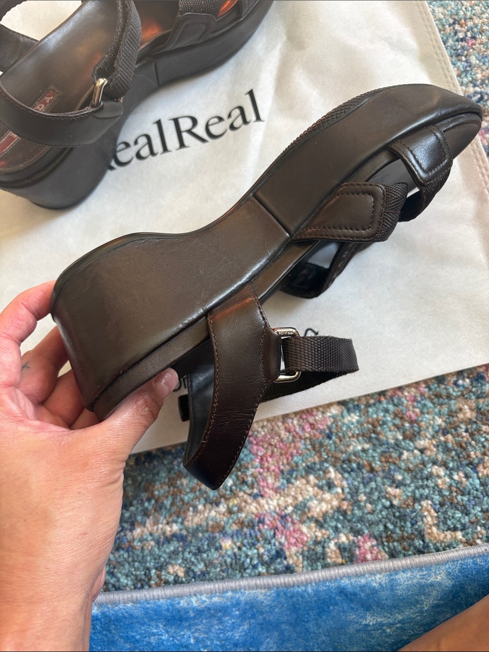 Prada dark brown/Black Leather and Webbing Crisscross Sandals w Velcro strap - Picture 2 of 4
